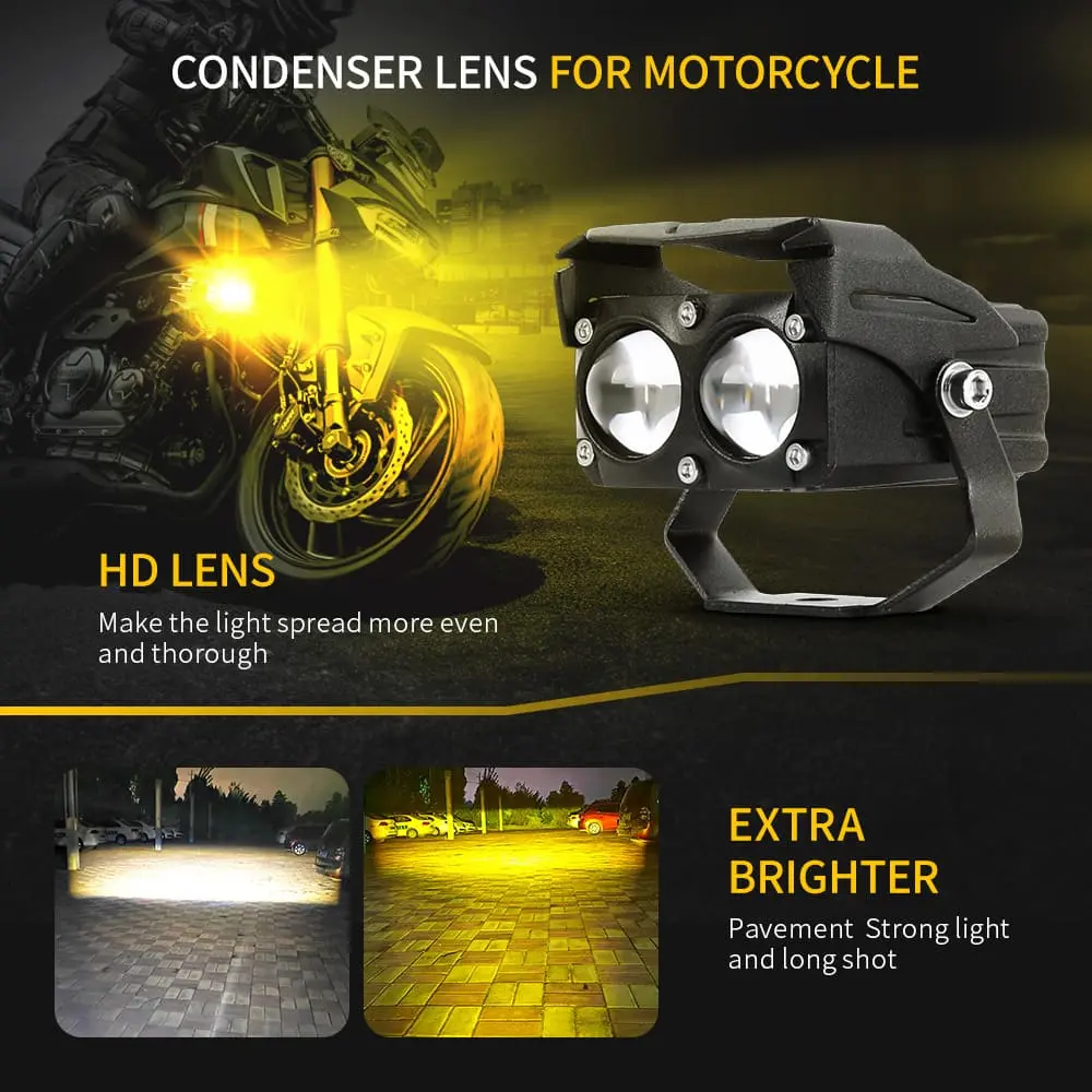 HD projector motorcycle auxiliary light showing yellow beam spread in real riding scene.jpg