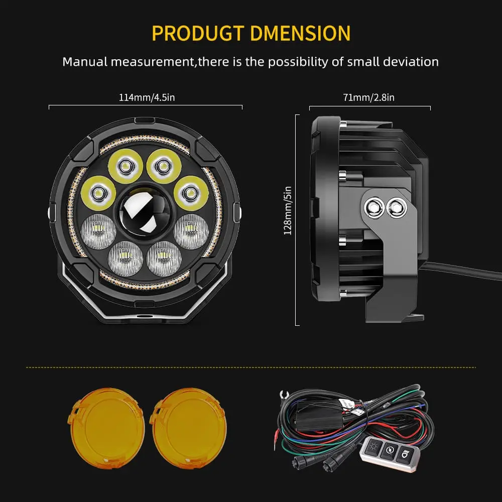 Detailed dimensions and wiring accessories for LED motorcycle light, including yellow lens covers and control harness.jpg