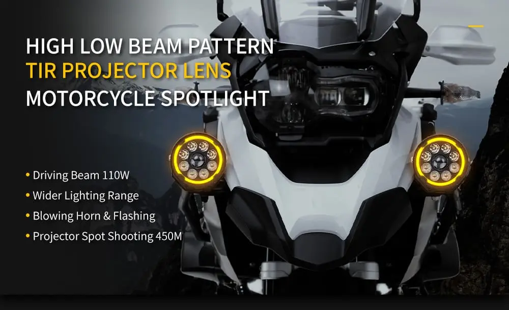 Motorcycle LED driving lights with high low beam pattern and TIR projector lenses for long-distance visibility..jpg