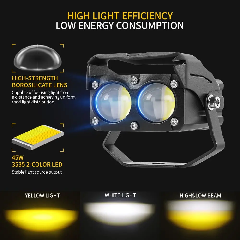 Motorcycle driving light with 45W 3535 dual-color LED chip and beam patterns.jpg