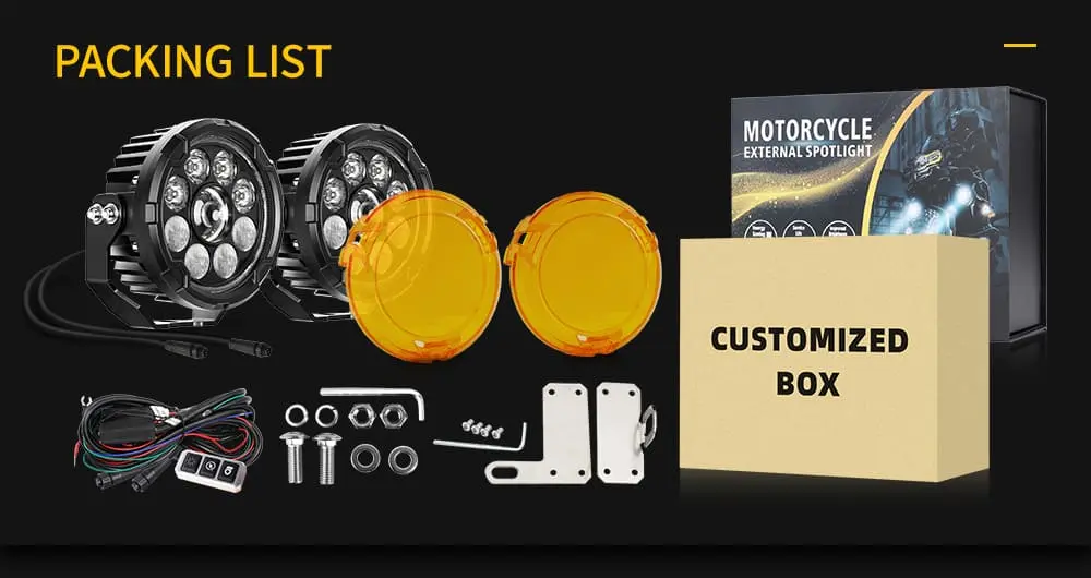 Complete packing list for motorcycle lighting accessories, including LED lights, harness, brackets, and control box..jpg