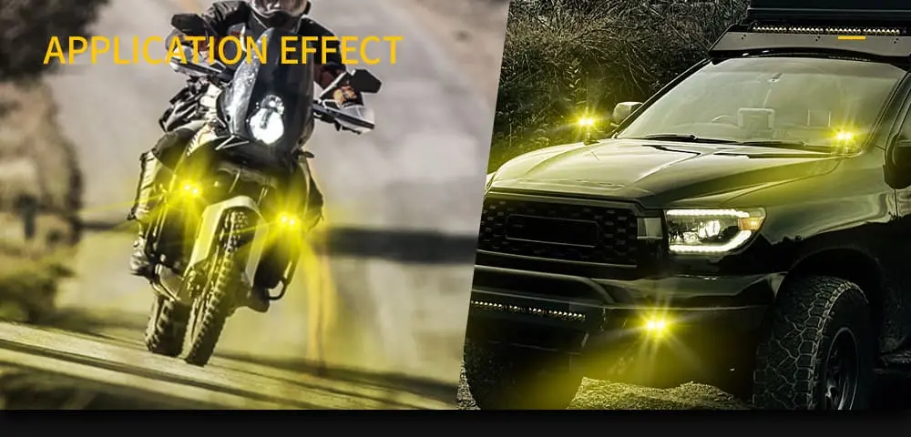 Application of dual color motorcycle aux lights and fog lights on motorcycles and trucks – ideal for street glide and off-road vehicles..jpg