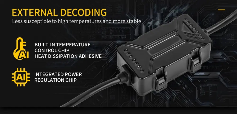 External decoding module with temperature control and power regulation chip for stable aux driving lights performance..jpg