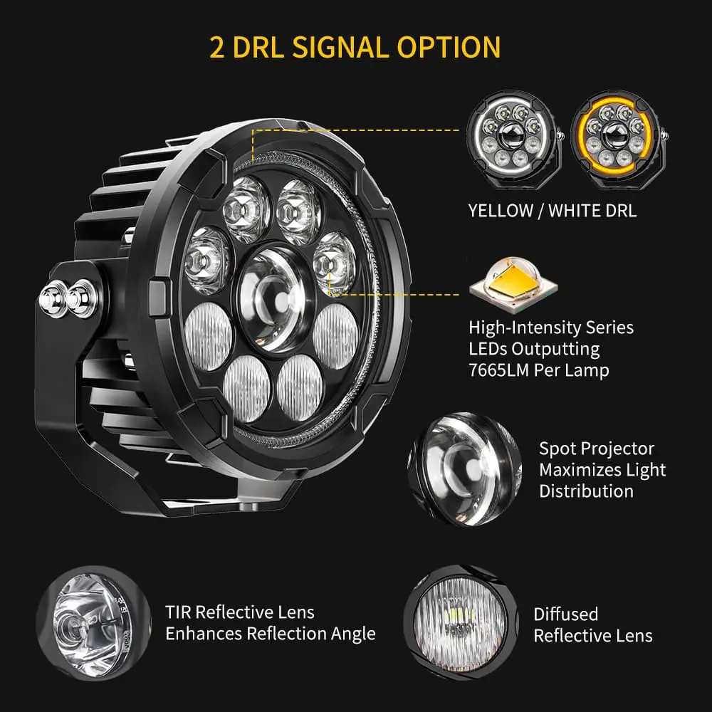 Motorcycle driving lights with yellow and white DRL options, featuring TIR projector lenses and spot-flood combo.jpg