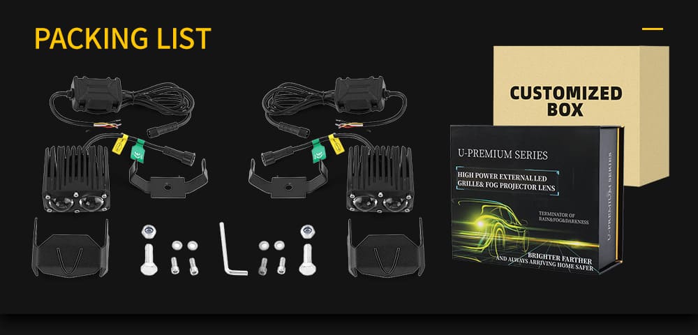 Complete packing list of dual color motorcycle auxiliary driving lights – includes lights, external decoder, brackets, and mounting tools..jpg