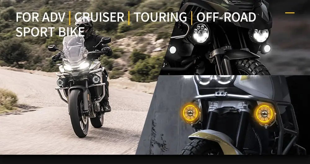 Motorcycles equipped with auxiliary LED lights, suitable for ADV, cruiser, touring, off-road, and sport bikes.jpg