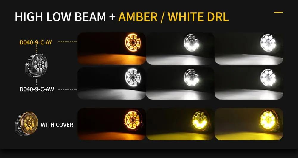 Beam pattern comparison of amber and white DRL modes on 4.5-inch motorcycle lights with lens covers.jpg