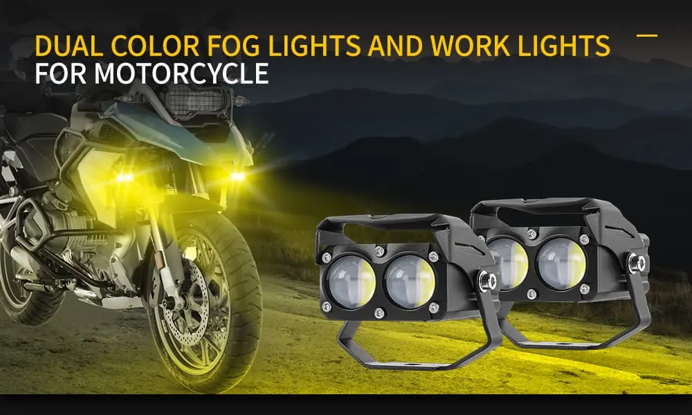Dual color fog lights and work lights for motorcycle, perfect for street glide and adventure bikes. Ideal motorcycle aux lights for enhanced visibility..jpg